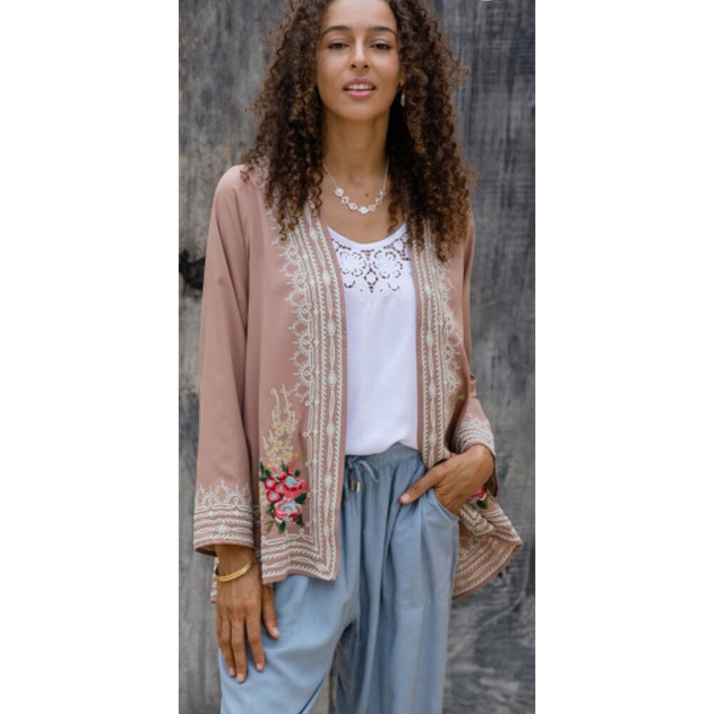Novica Embroidered Floral Open Front Kimono M Boho Festival Western